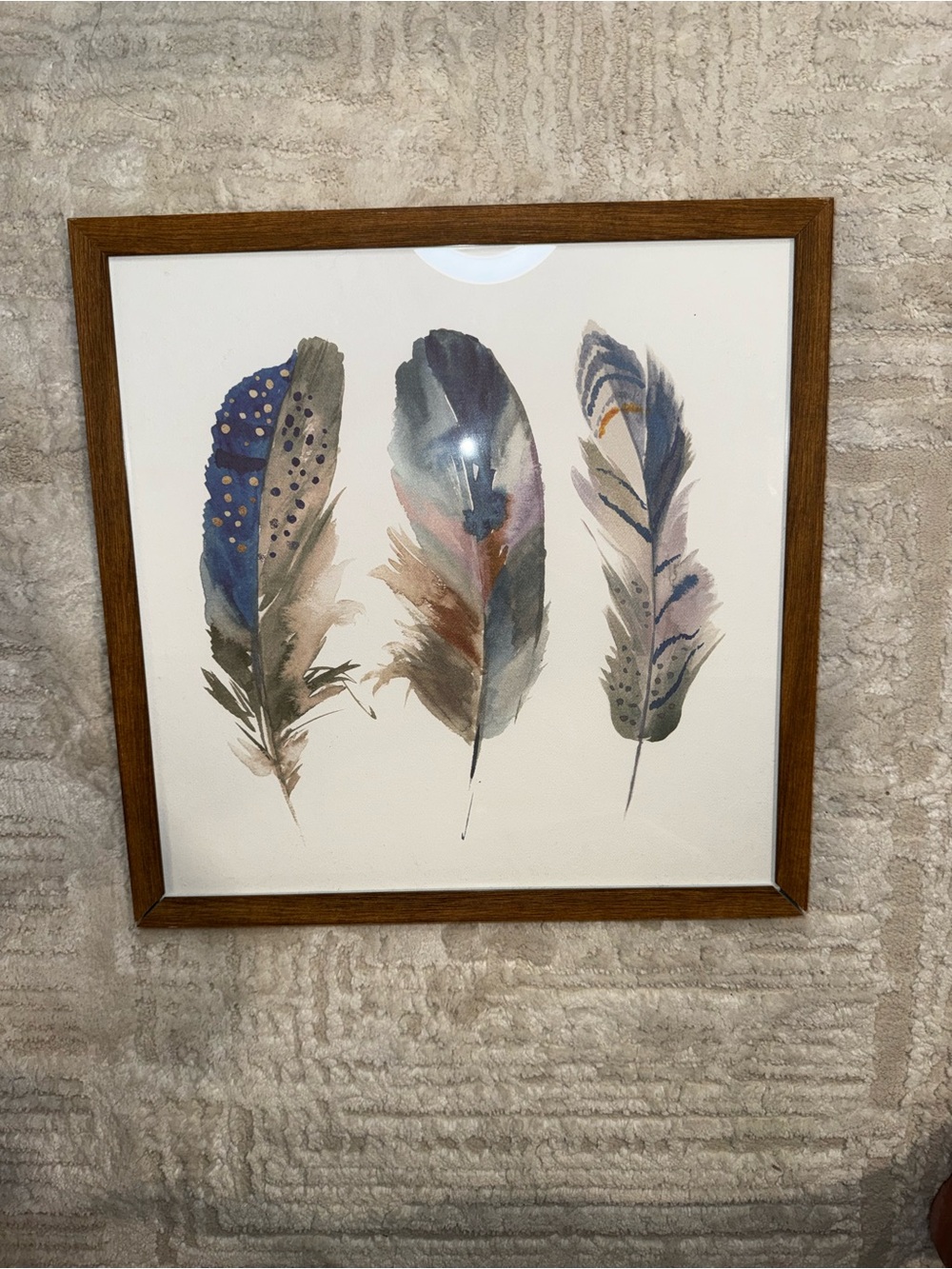 Framed Feather Wall Art 16x16 Watercolor Boho Blue Gold Rustic Nature Decor